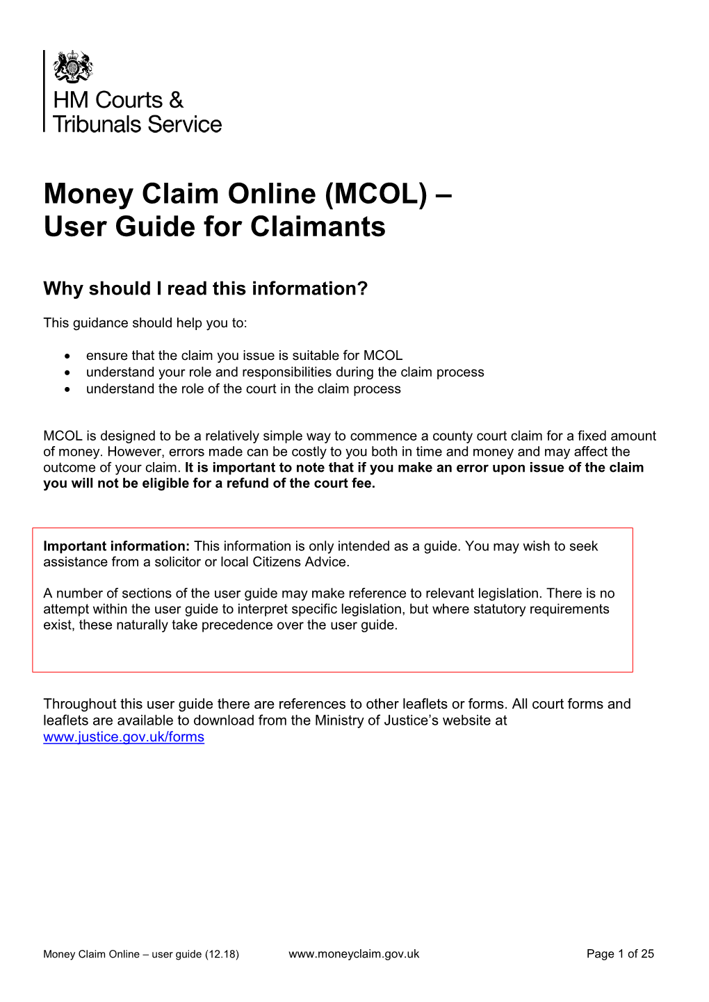 Money Claim Online (MCOL) – User Guide for Claimants
