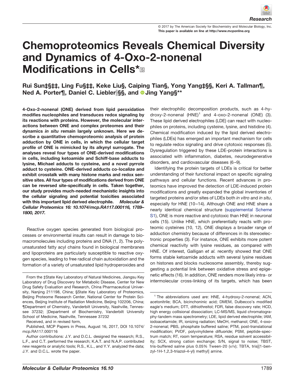 Chemoproteomics Reveals Chemical Diversity and Dynamics of 4-Oxo-2-Nonenal Modifications in Cells*