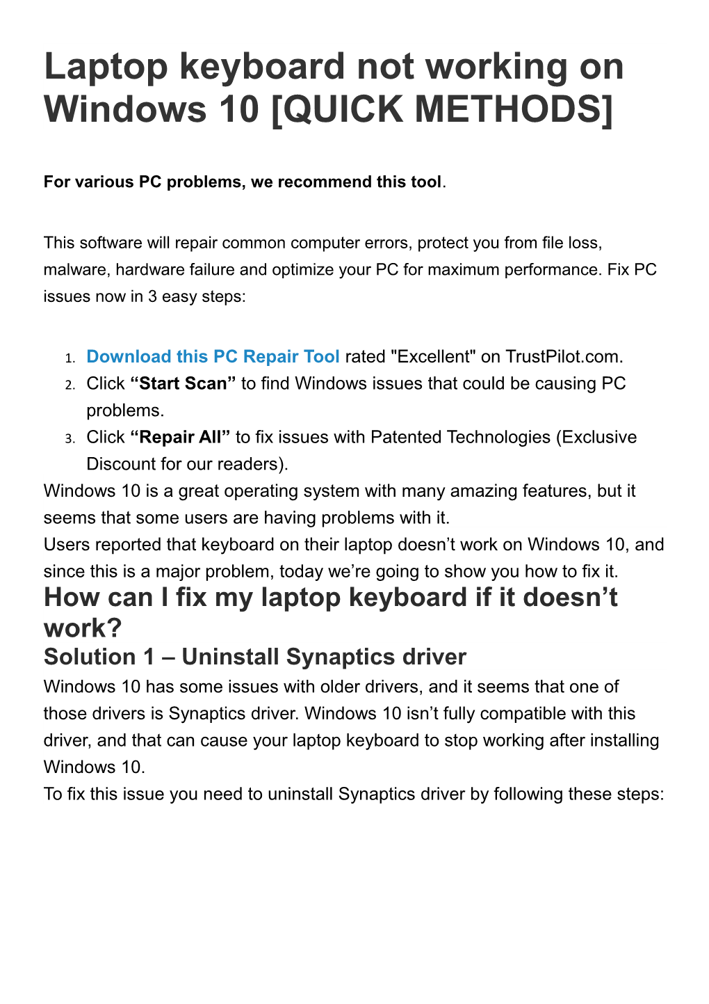Laptop Keyboard Not Working on Windows 10