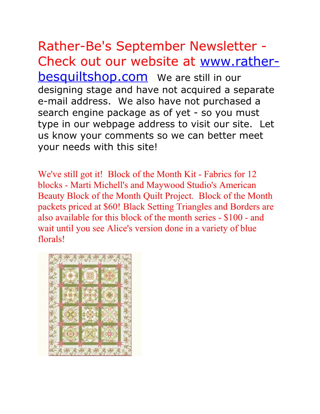 Rather-Be's September Newsletter - Check out Our Website at We Are Still in Our Designing