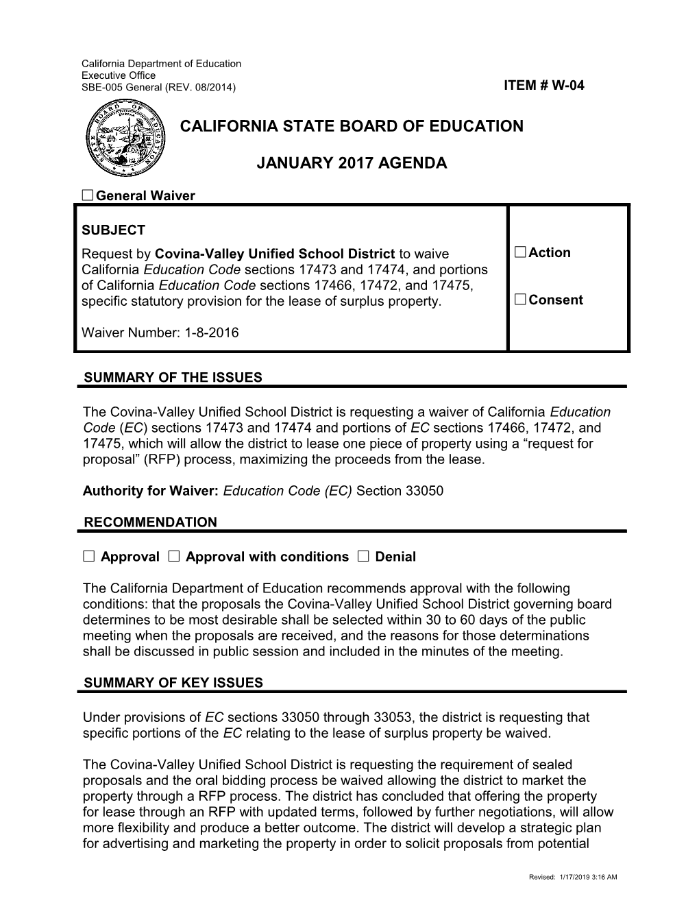 January 2017 Waiver Item W-04 - Meeting Agendas (CA State Board of Education)