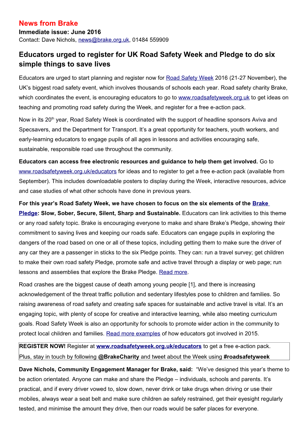 Educators Urged to Register for UK Road Safety Week and Pledge to Do Six Simple Things