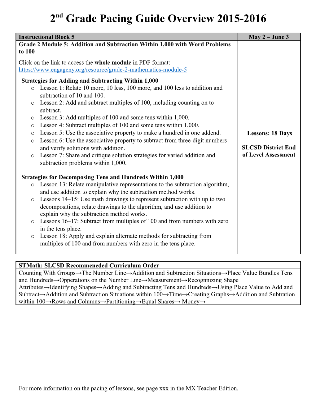 2Nd Grade Pacing Guide Overview 2015-2016