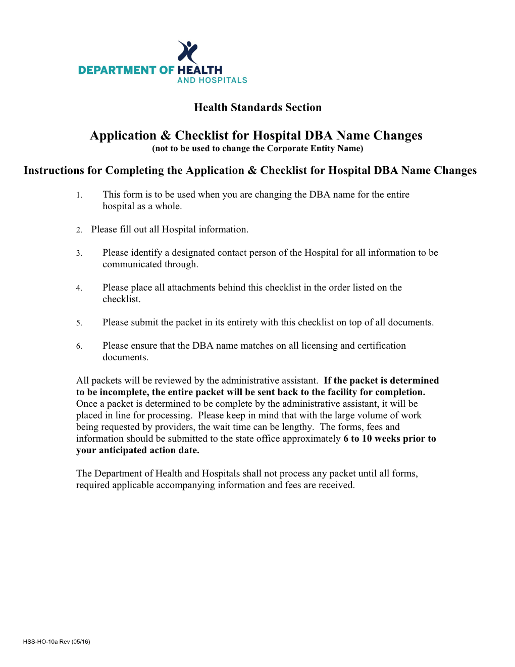 Application & Checklist for Hospitaldba Name Changes