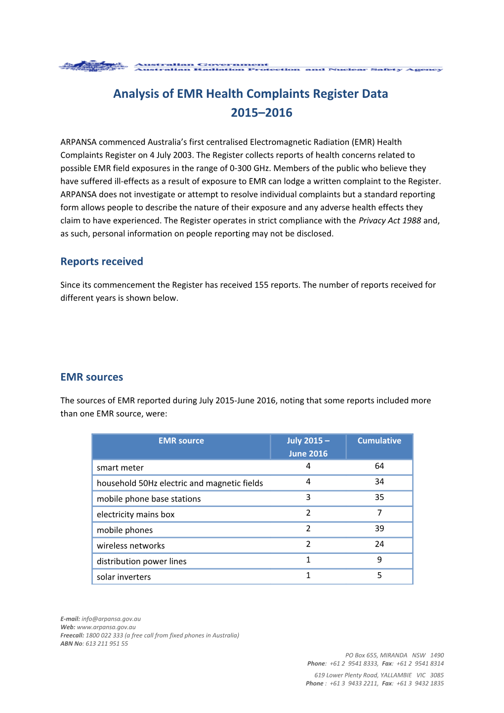 Analysis of EMR Health Complaints Register 2015-2016