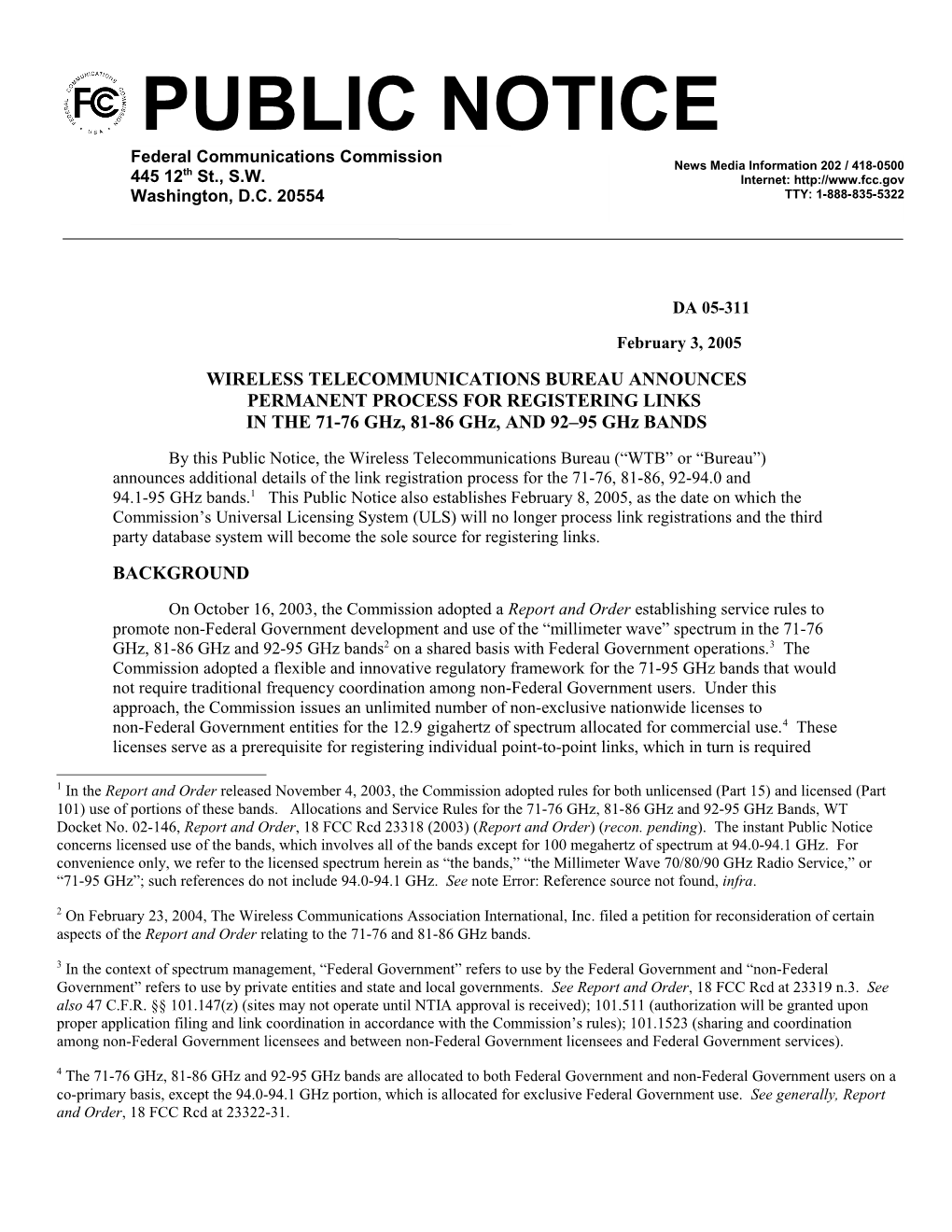 Wireless Telecommunications Bureau Announces Permanent Process for Registering Links In