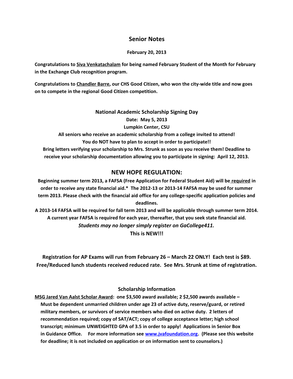 National Academic Scholarship Signing Day