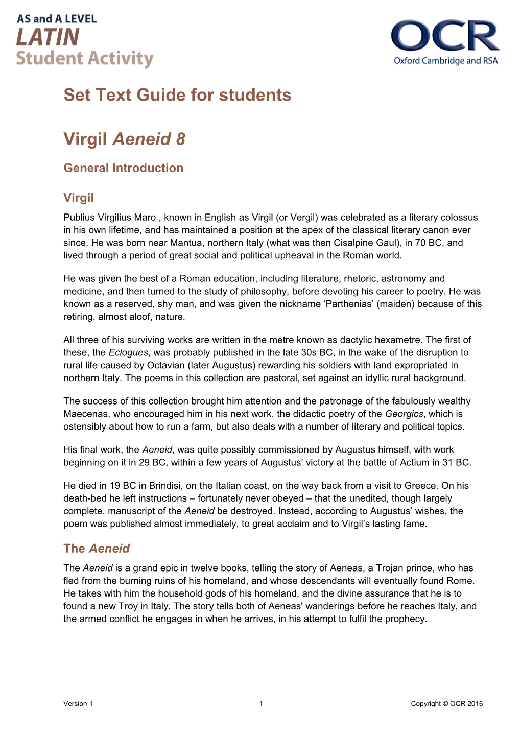 OCR AS and a Level Latin Set Text Guide - Virgil Aeneid 8
