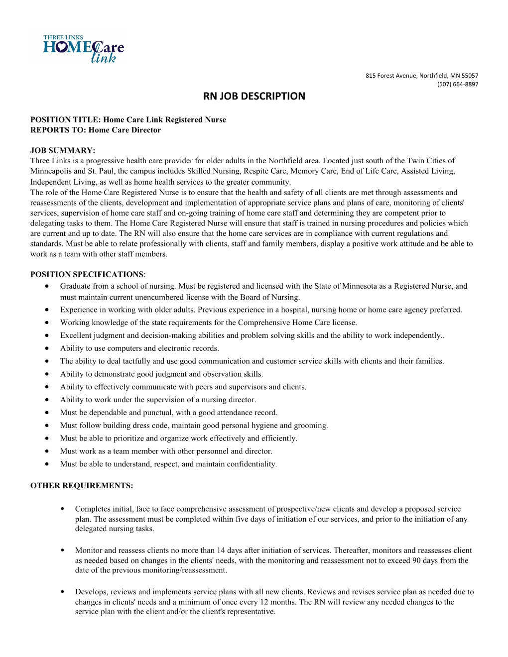 POSITION TITLE: Home Care Link Registered Nurse