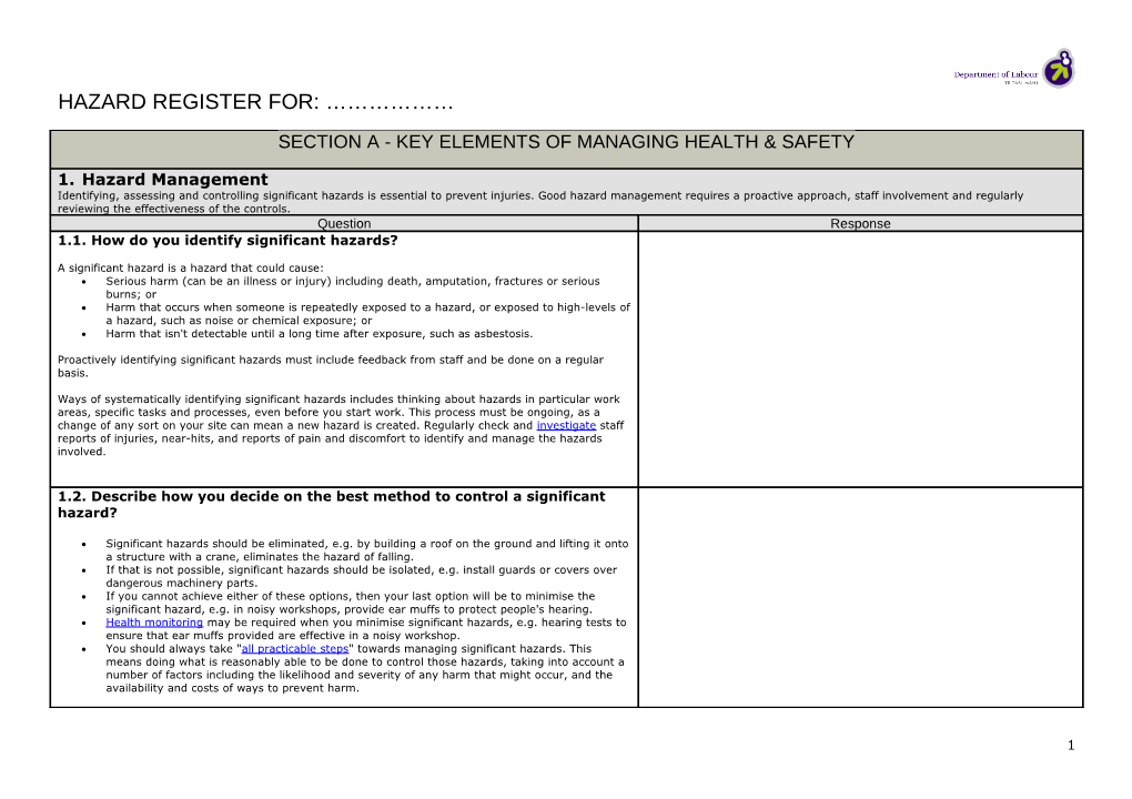 Hazard Register - Key Elements of Managing Health & Safety
