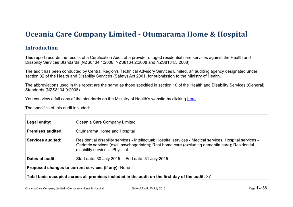 Oceania Care Company Limited - Otumarama Home & Hospital