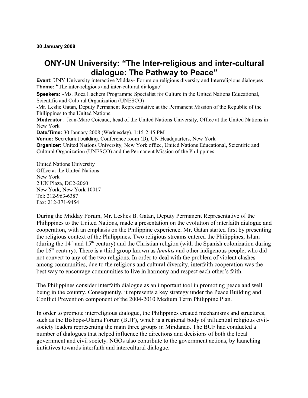 ONY-UN University: the Inter-Religious and Inter-Cultural Dialogue: the Pathway to Peace