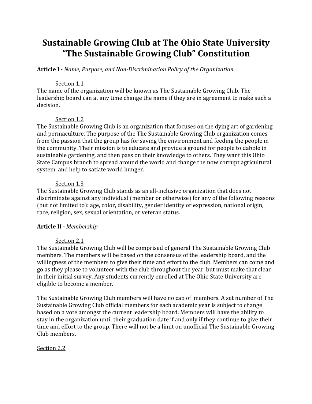 Sustainable Growing Club at the Ohio State University the Sustainable Growing Club Constitution