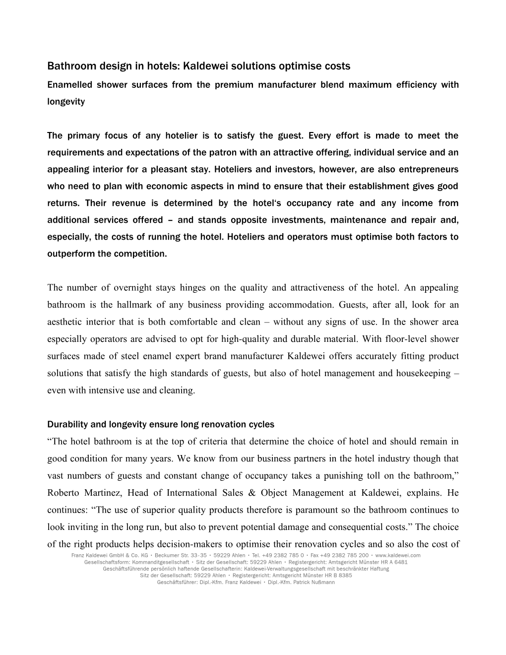 Bathroom Design in Hotels: Kaldewei Solutions Optimise Costs