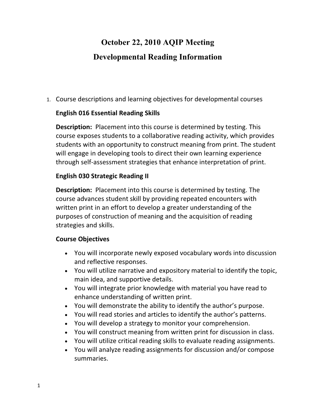 Developmental Reading Information