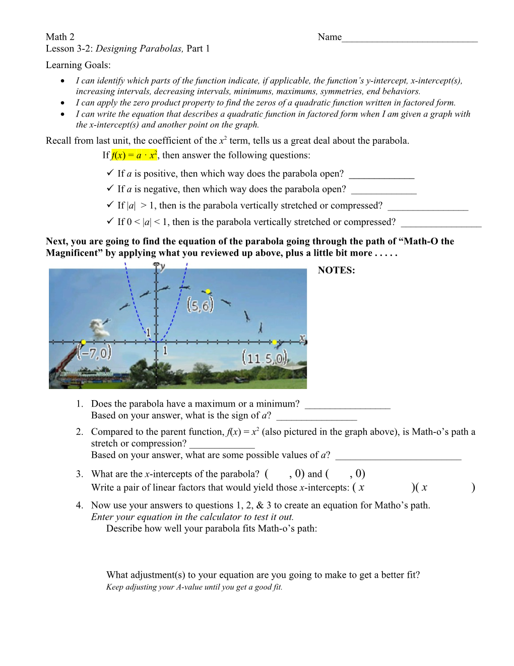 Lesson 3-2:Designing Parabolas, Part 1