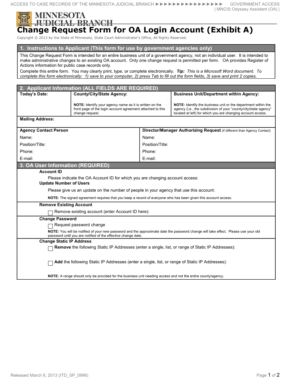 Change Request Form OA Login (ITD SP 0996)