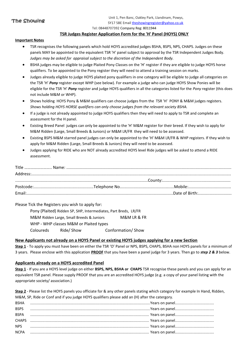 TSR Judges Register Application Form for the 'H' Panel (HOYS) ONLY