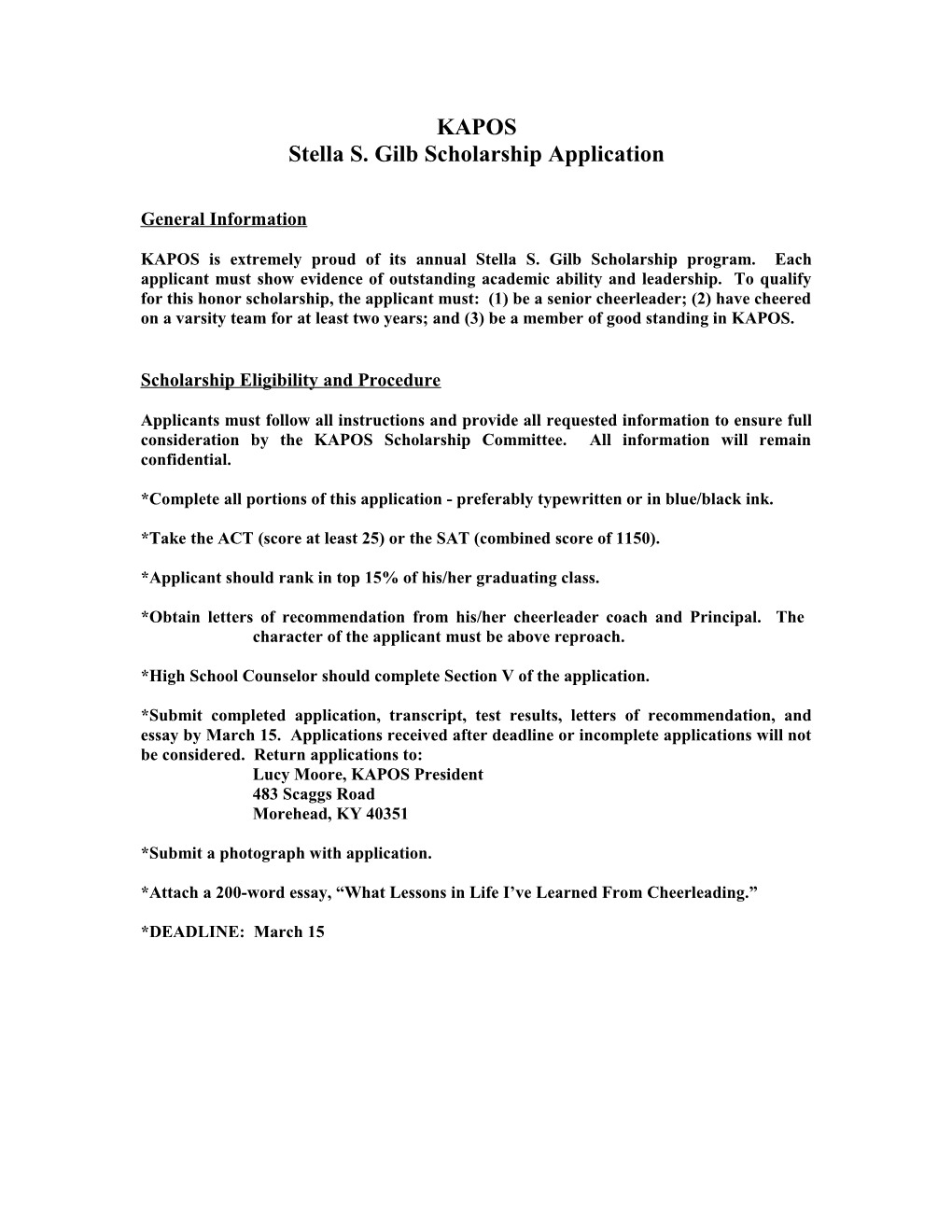 Stella S. Gilb Scholarship Application