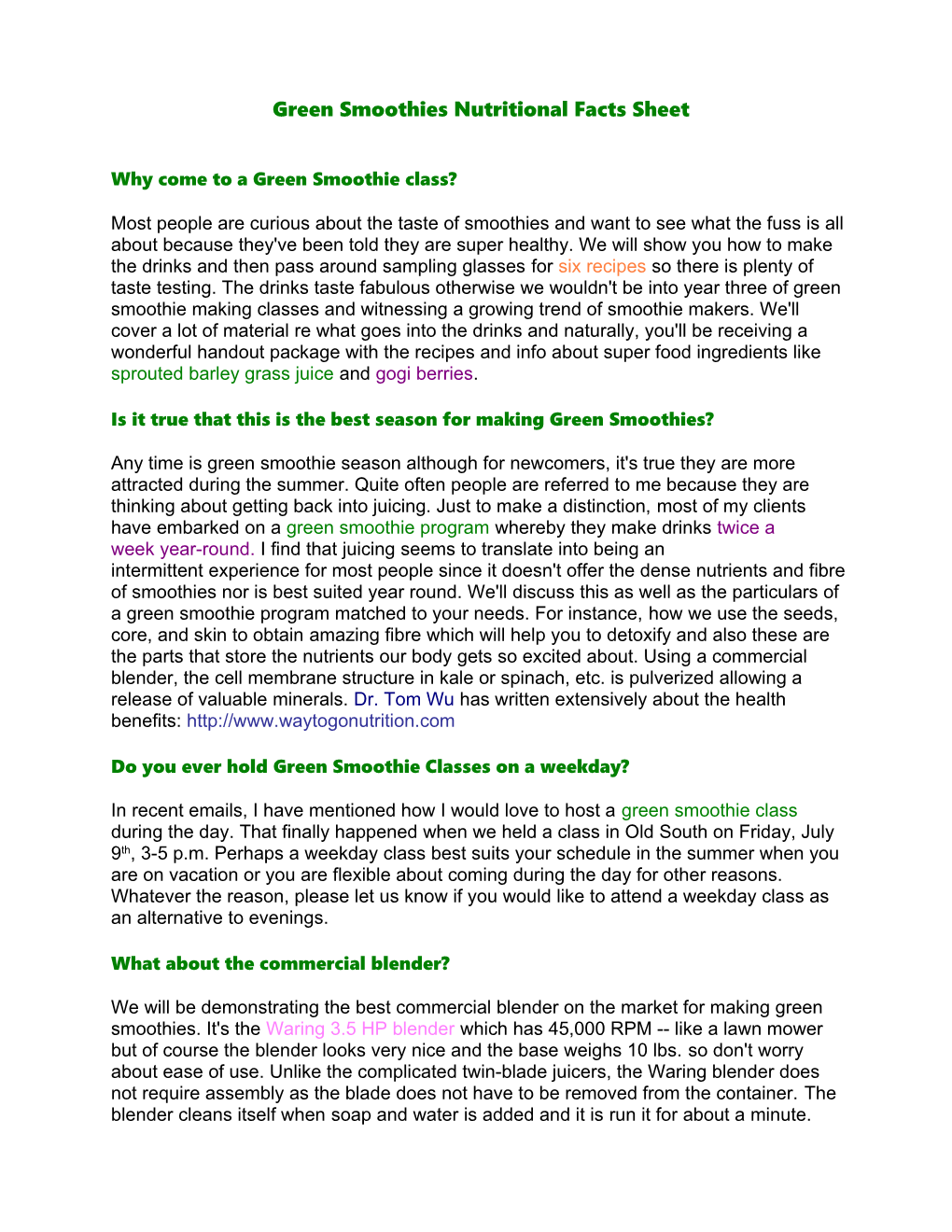 Green Smoothies Fact Sheet