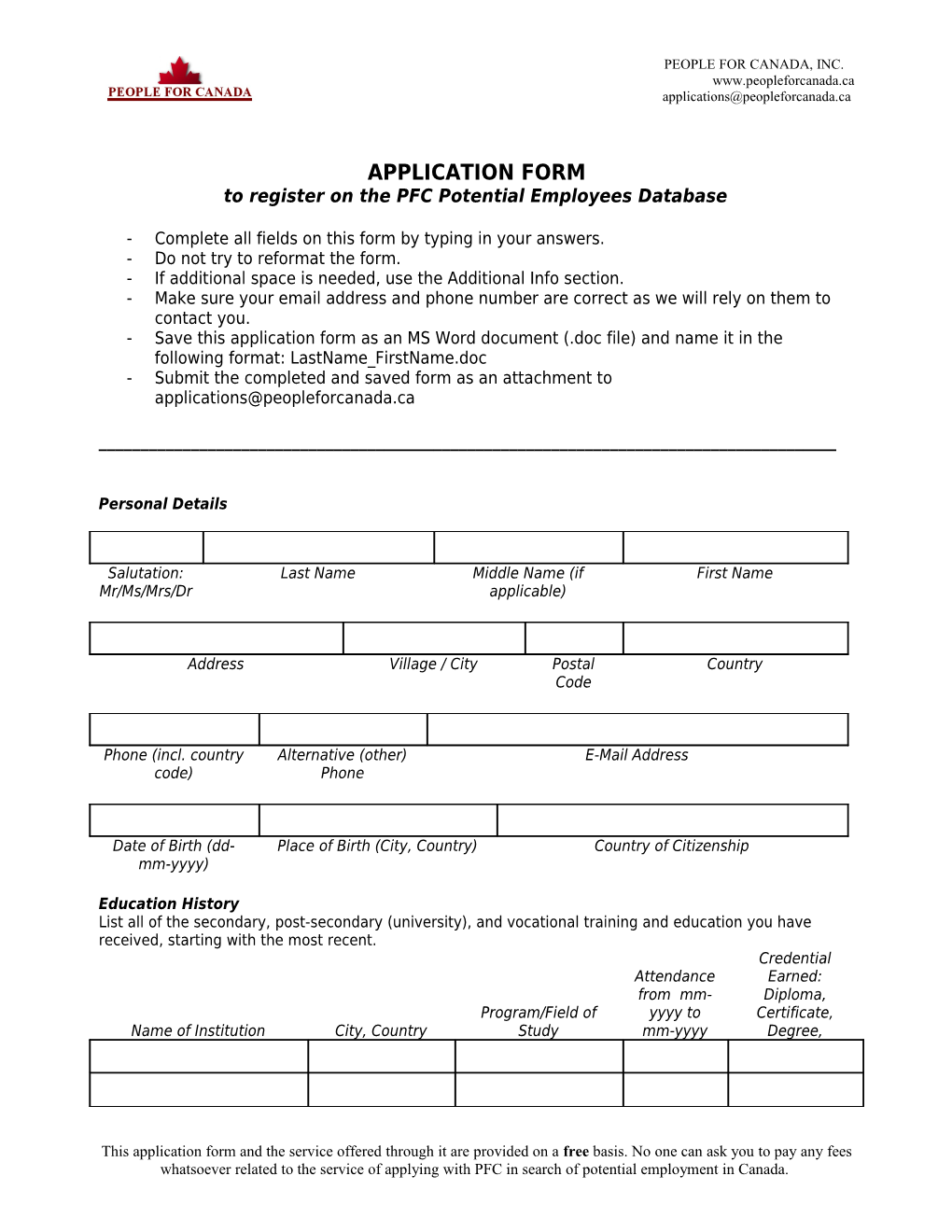 To Register on the PFC Potential Employees Database