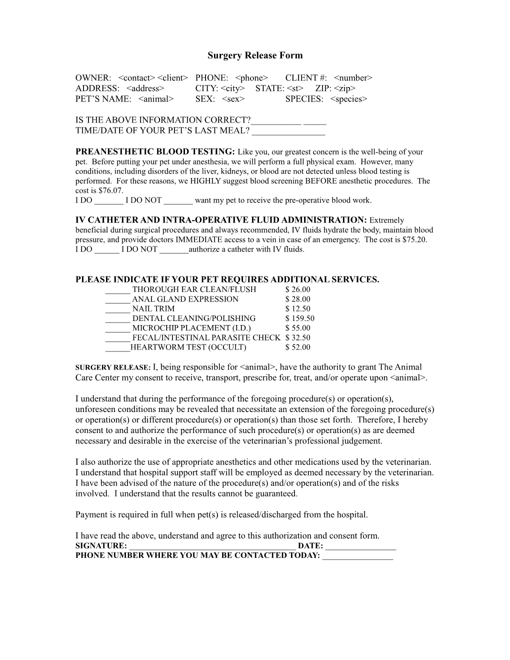 Surgery Release Form