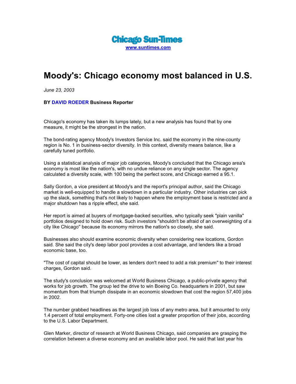 Moody's: Chicago Economy Most Balanced in U.S.