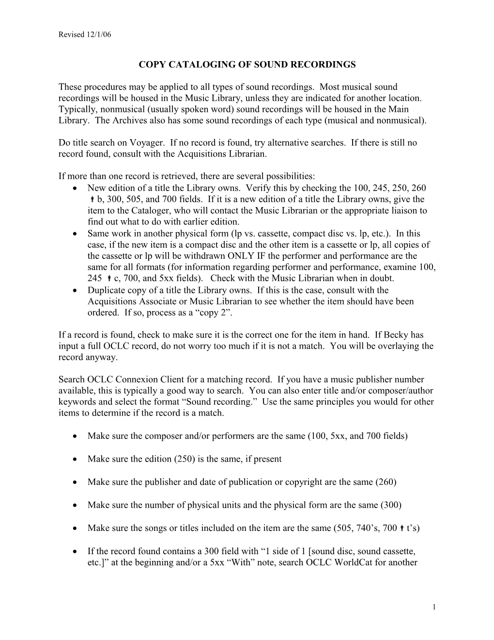 Copy Cataloging and Processing of Sound Recordings