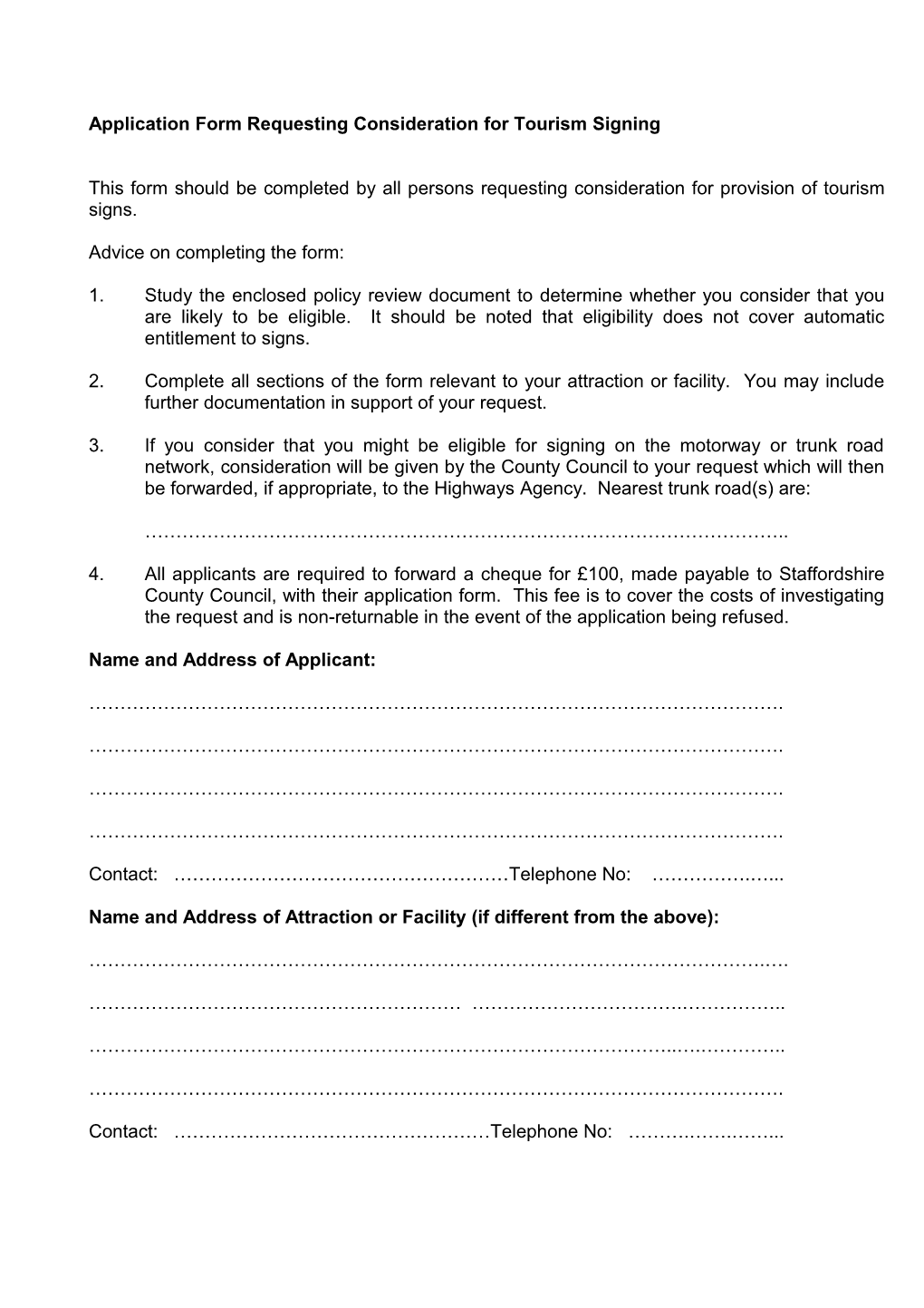 Application Form Requesting Consideration for Tourism Signing