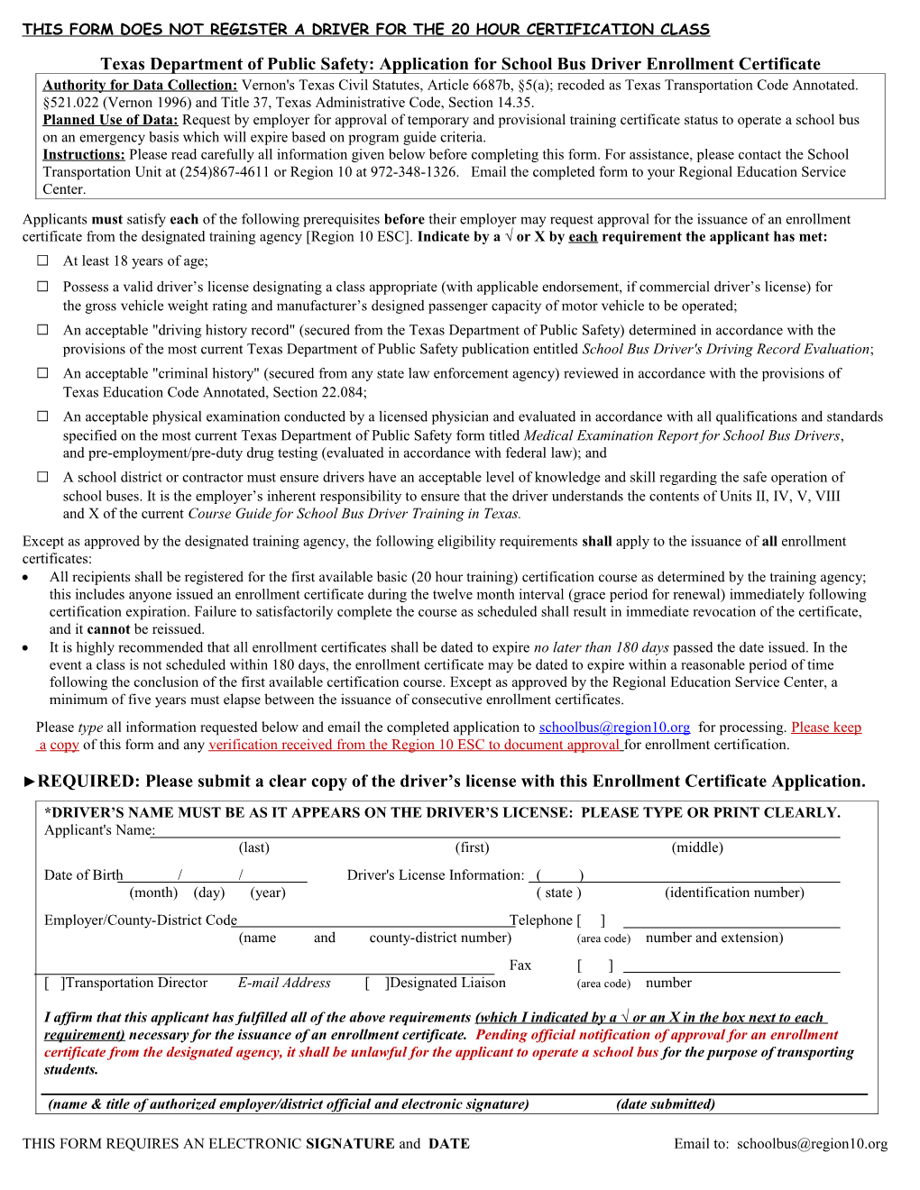 This Form Does Not Register a Driver for the 20 Hour Certification Class