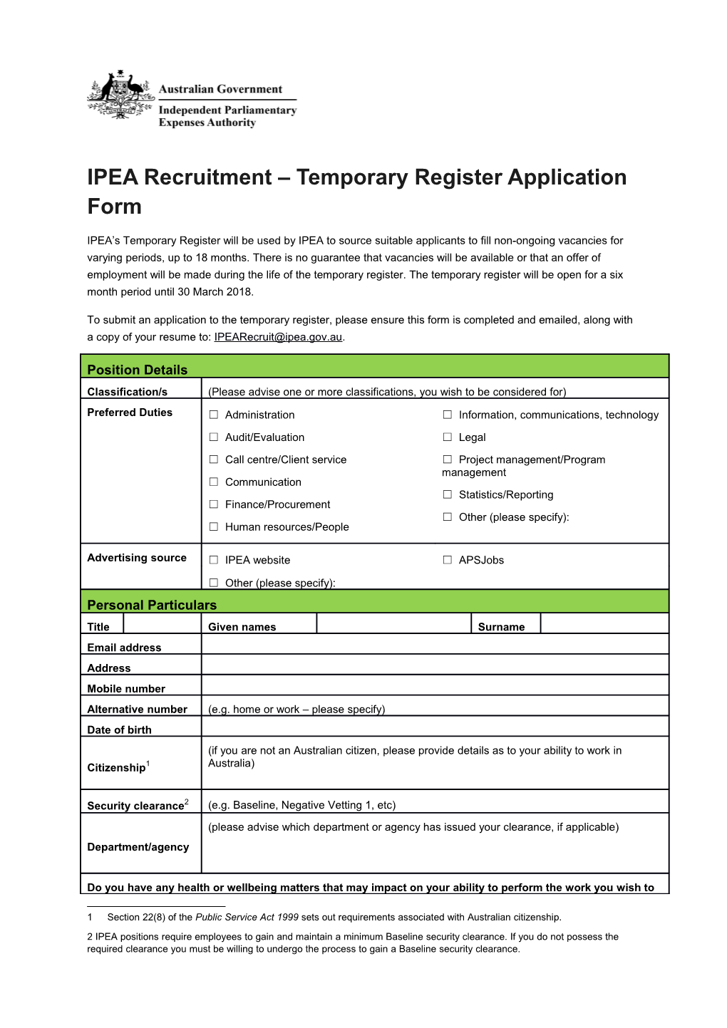 IPEA Recruitment Temporary Register Application Form