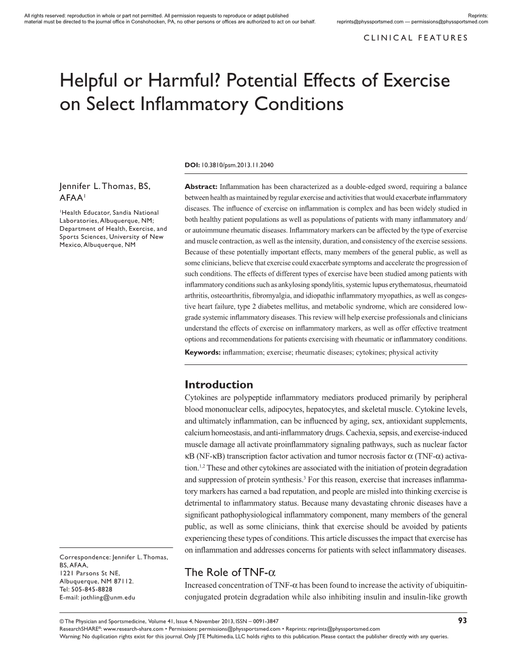 Potential Effects of Exercise on Select Inflammatory Conditions