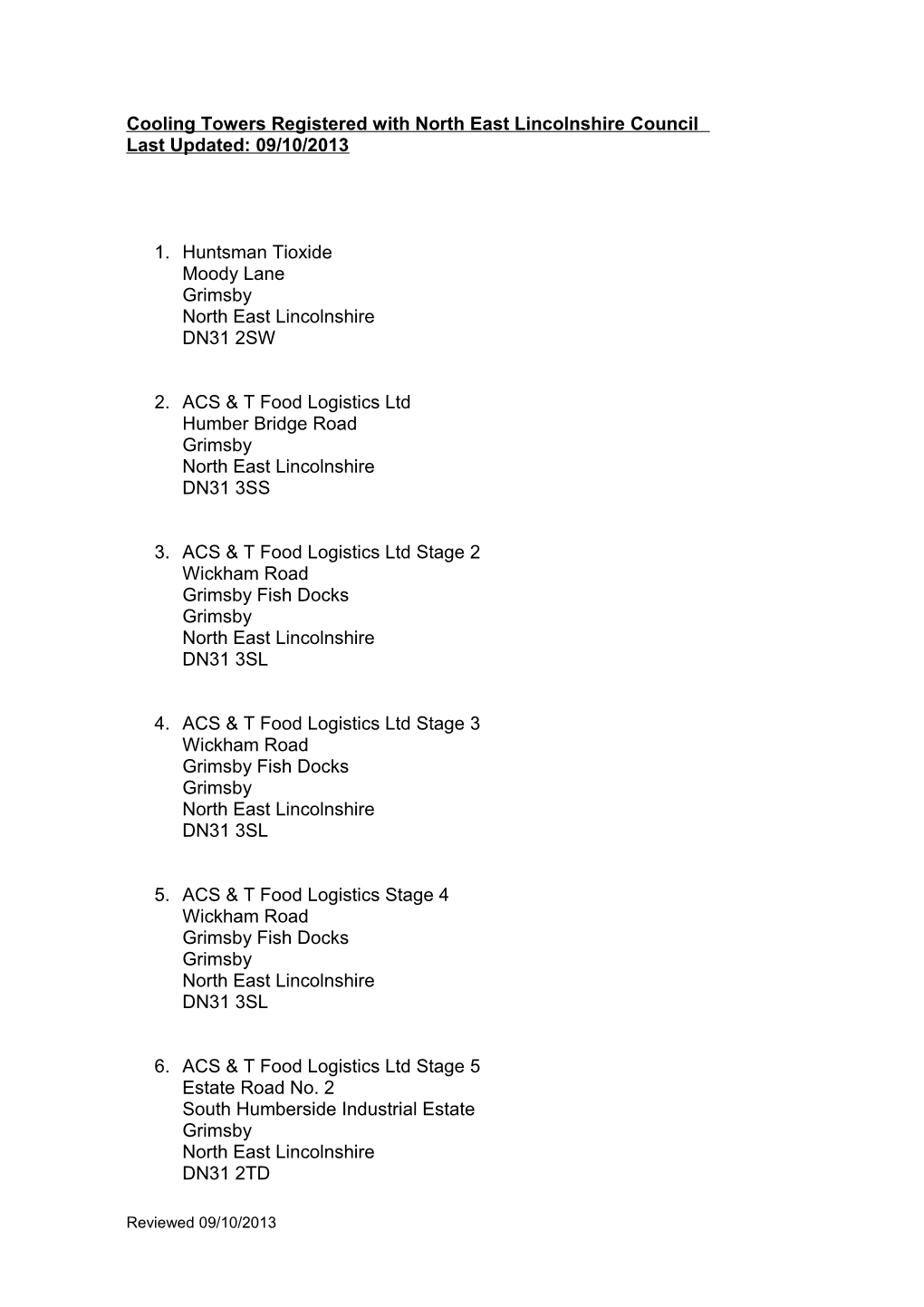 Cooling Towers Registered with North East Lincolnshire Council 30/08/06