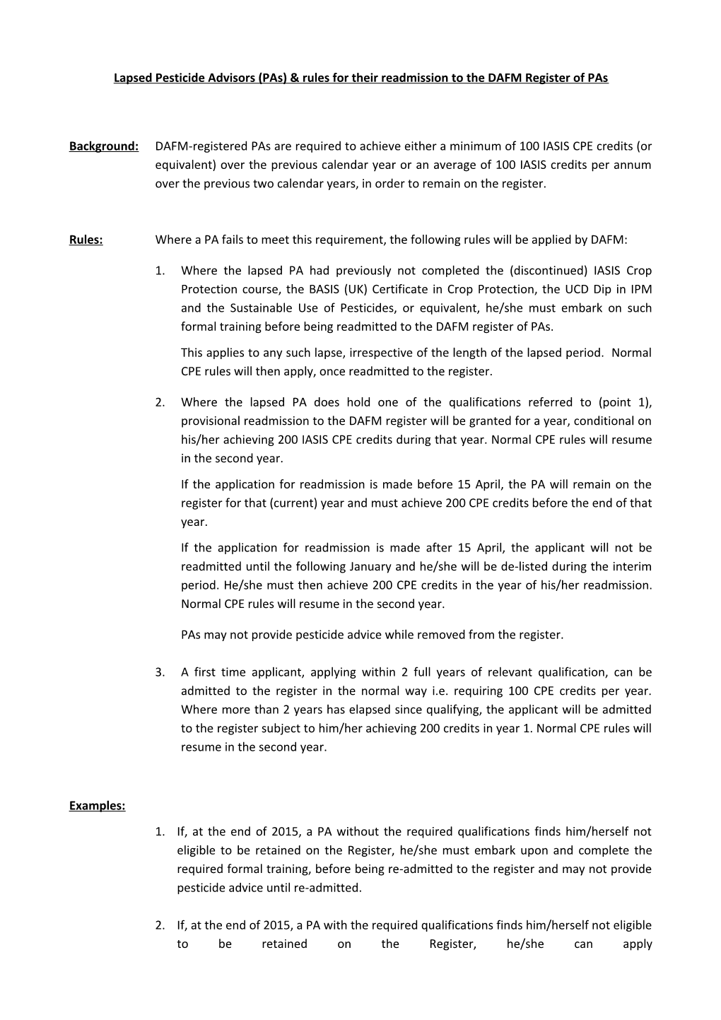 Lapsed Pesticide Advisors (Pas) & Rules for Their Readmission to the DAFM Register of Pas