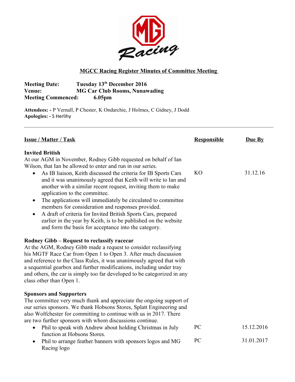 MGCC Racing Register Minutes of Committee Meeting