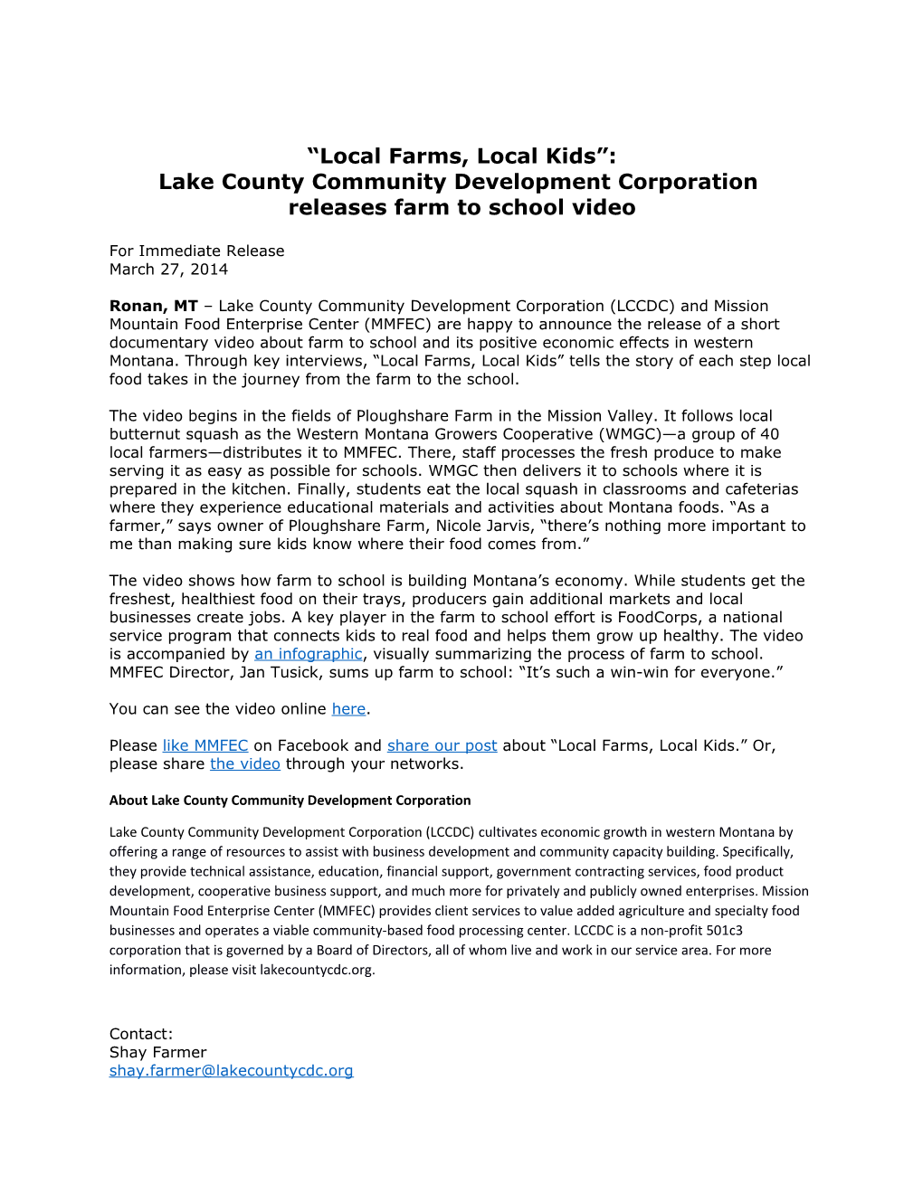Local Farms, Local Kids : Lake County Community Development Corporation Releases Farm