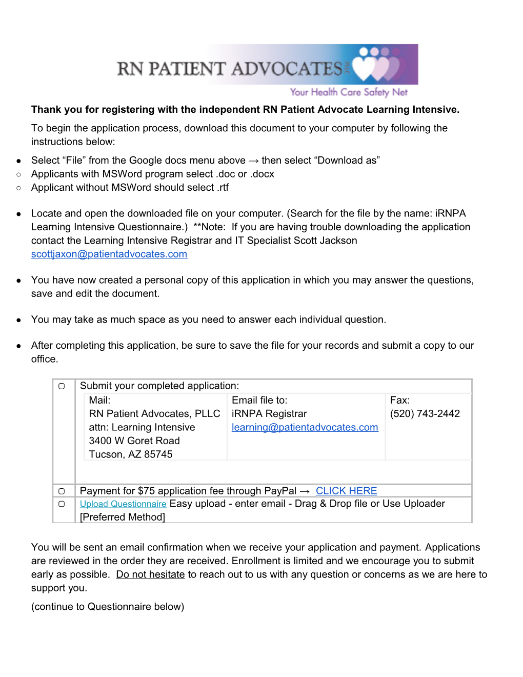 Thank You for Registering with the Independent RN Patient Advocate Learning Intensive