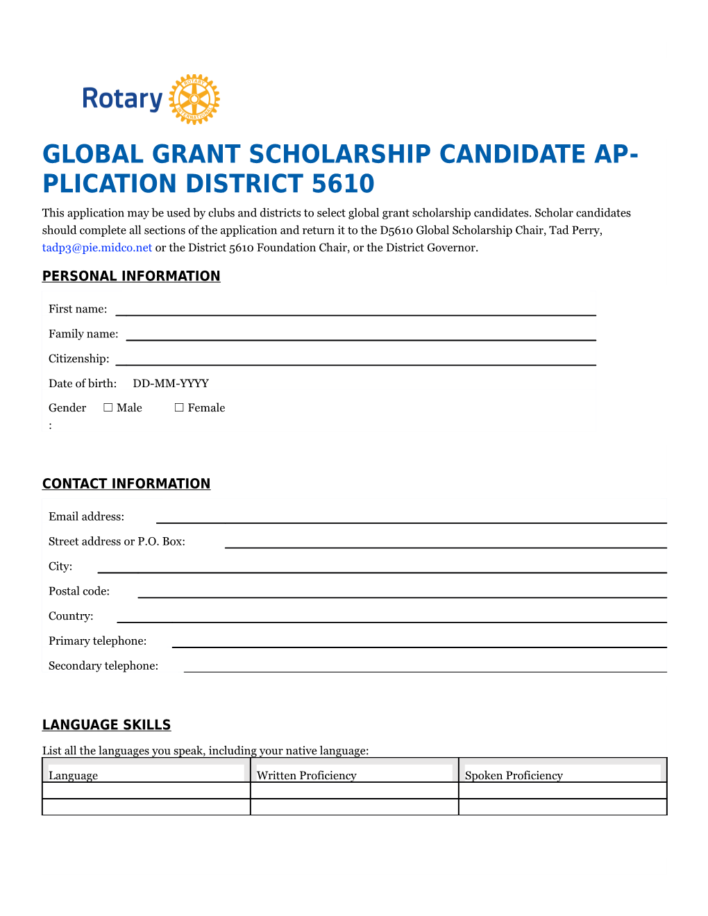 Global Grant Scholarship CANDIDATE Application District 5610