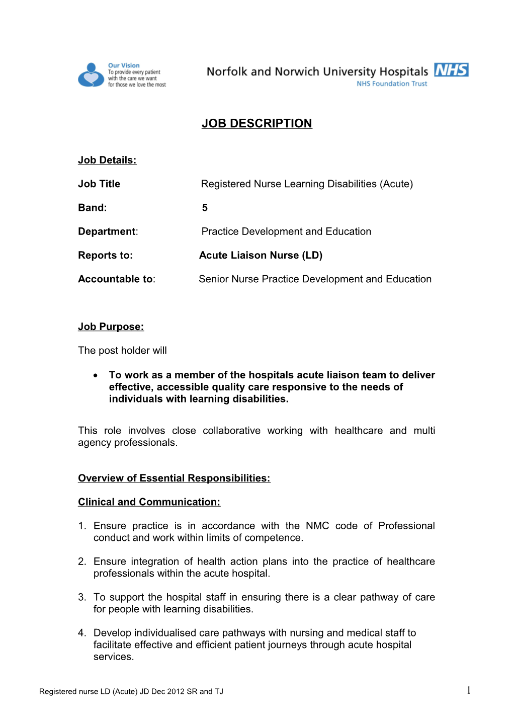 Job Title Registered Nurse Learning Disabilities (Acute)