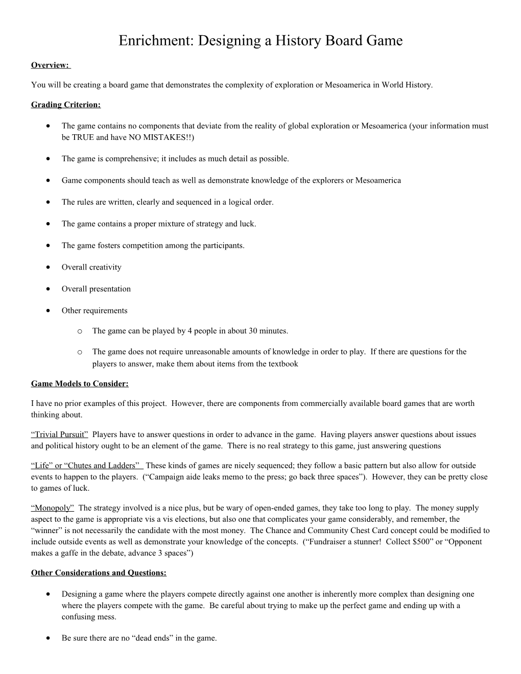 Enrichment: Designing a Historyboard Game