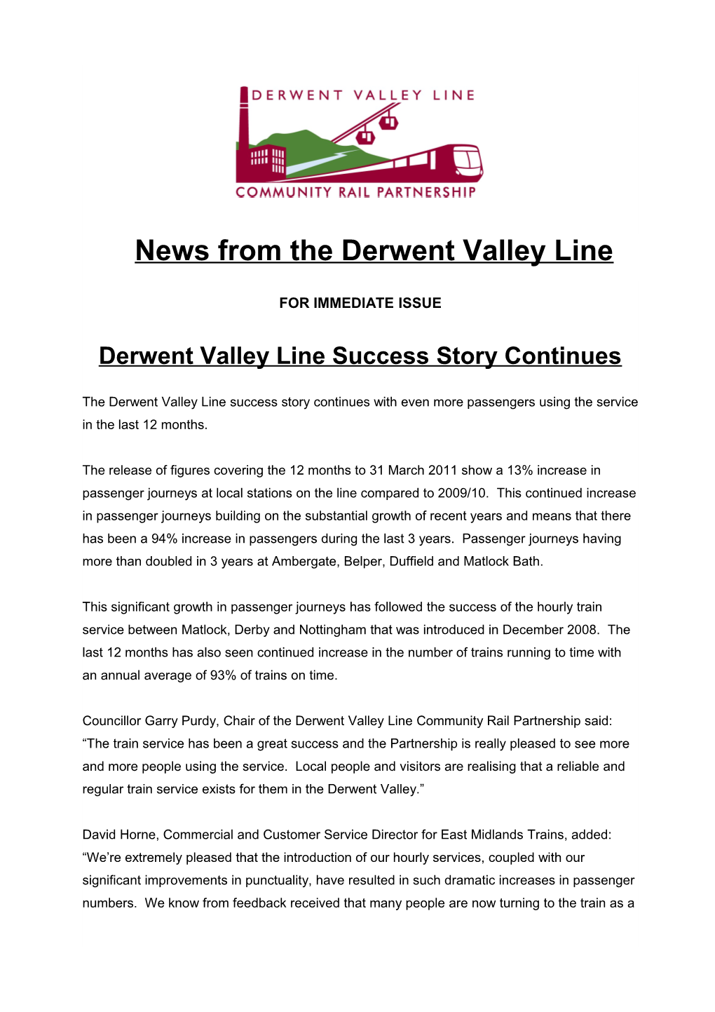 Derwent Valley Line Success Story Continues