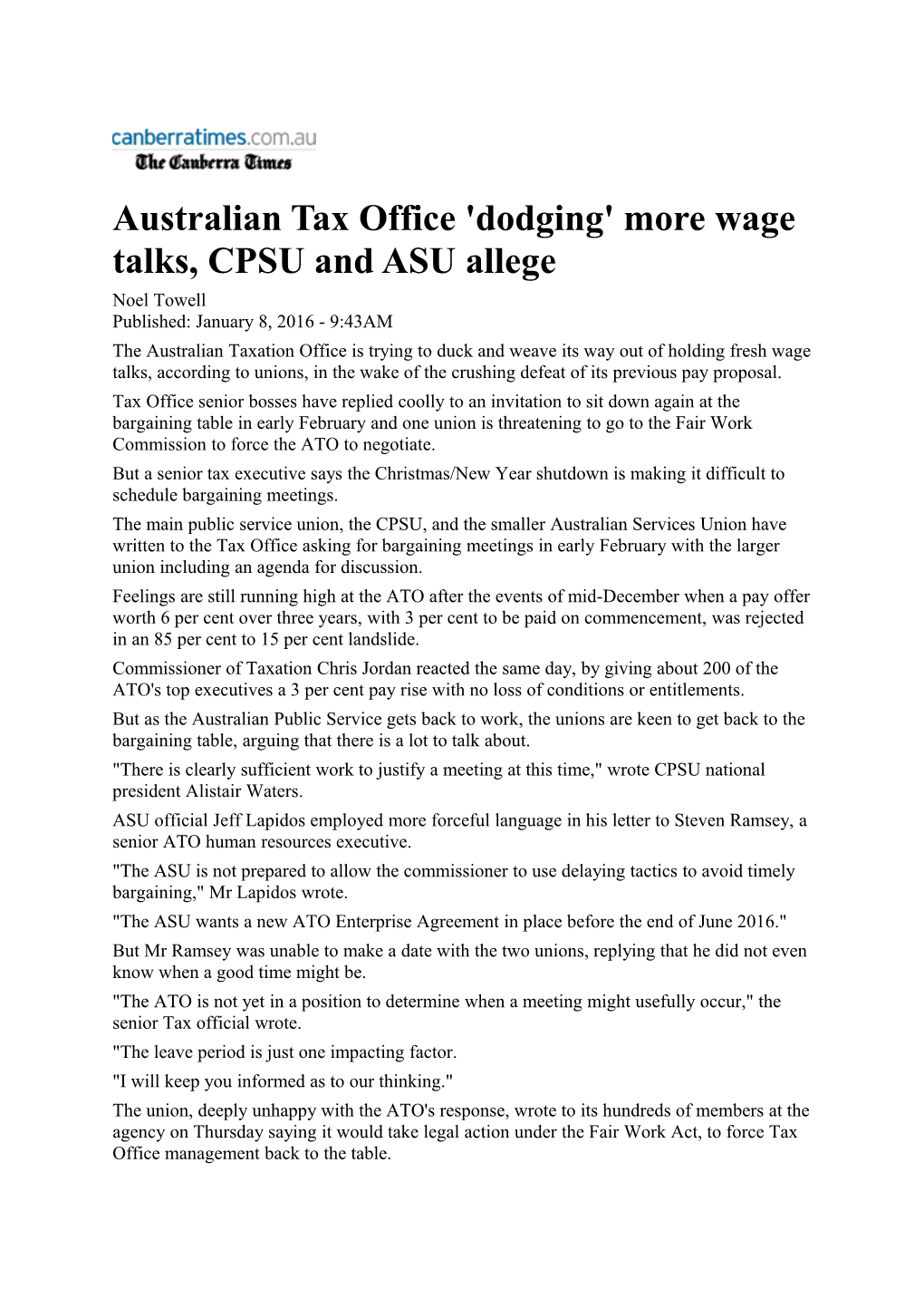 Australian Tax Office 'Dodging' More Wage Talks, CPSU and ASU Allege