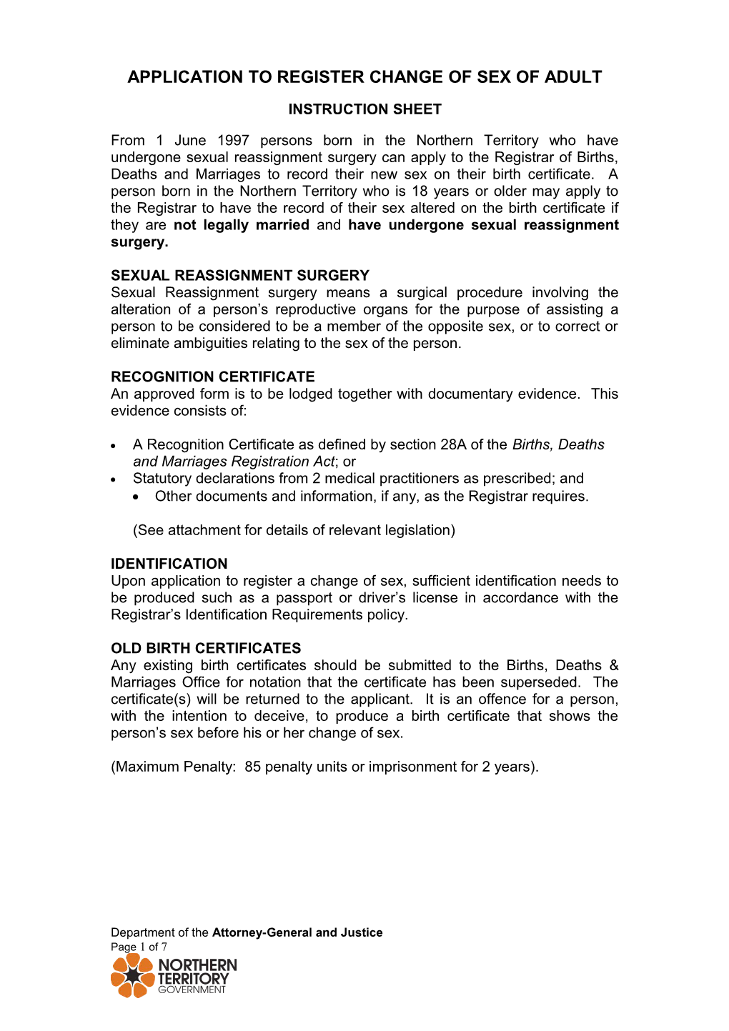 Application to Register Change of Sex of Adult