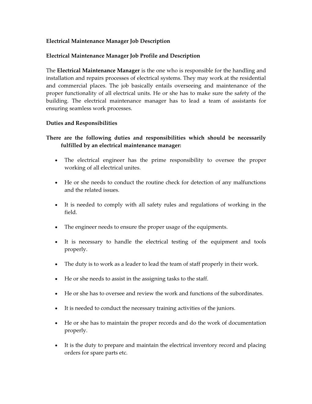 Electrical Maintenance Manager Job Description