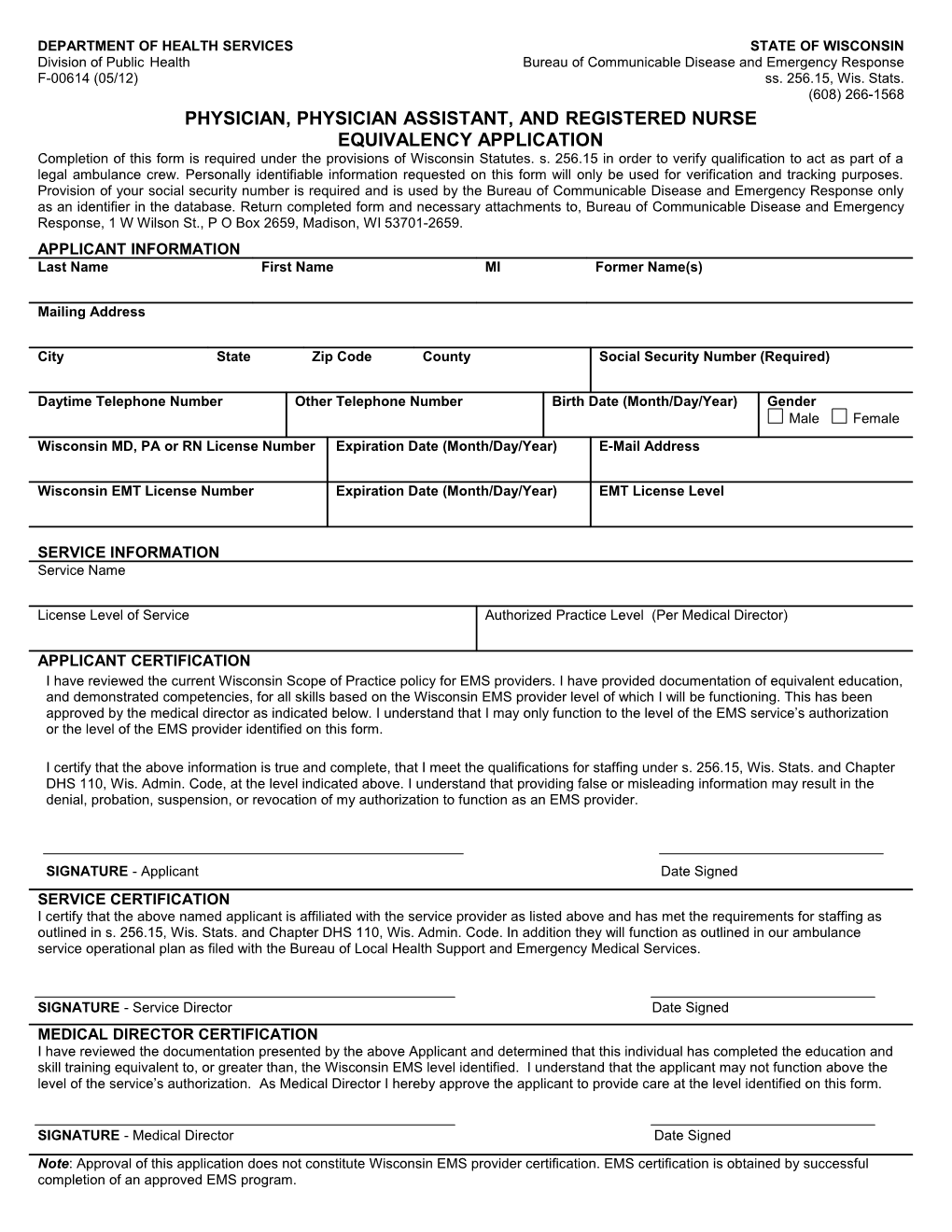 Physician, Physician Assistant, and Registered Nurse Equivalency Application