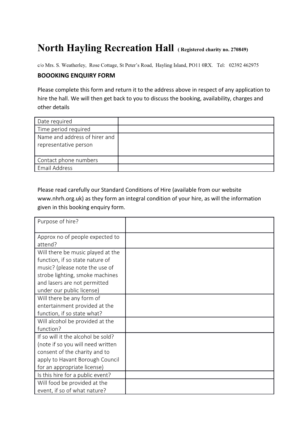 North Hayling Recreation Hall( Registered Charity No. 270849)