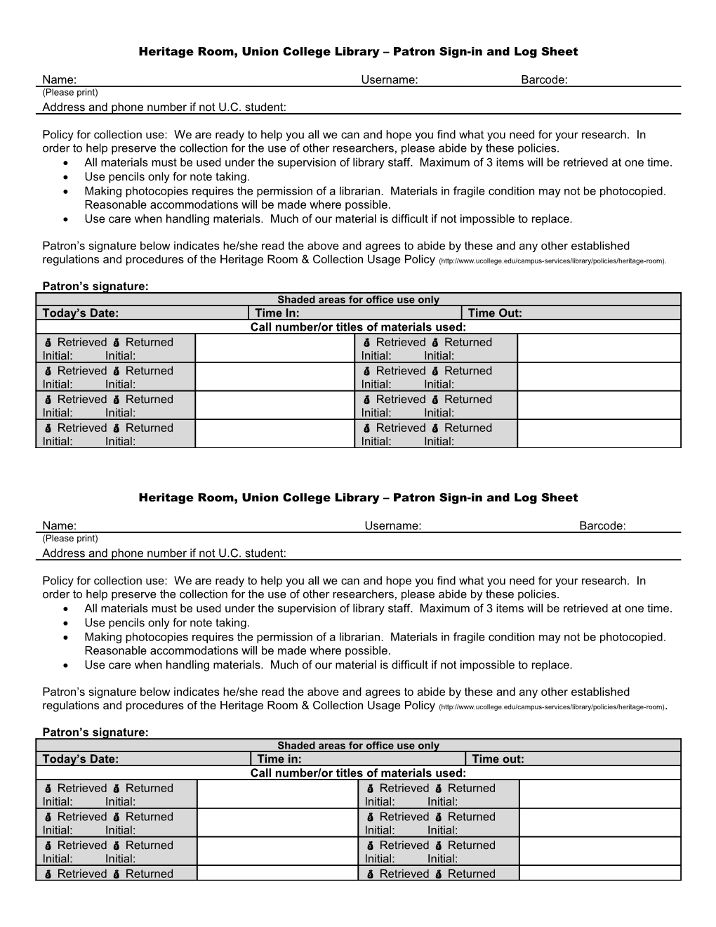 Heritage Room, Union College Library Patron Sign-In and Log Sheet