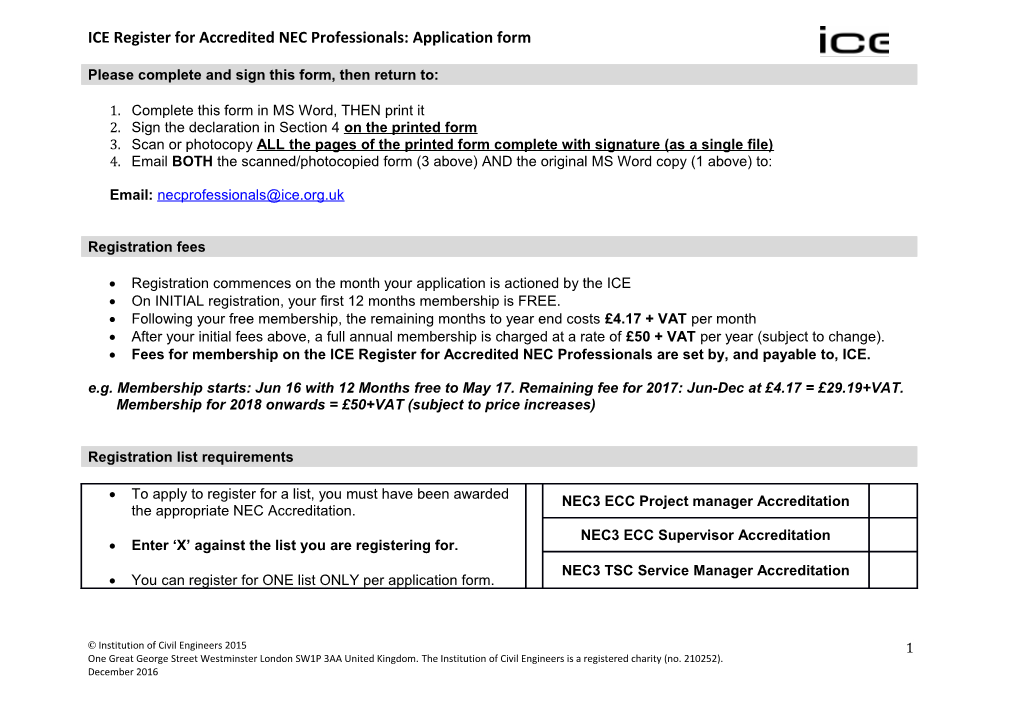 ICE Register for Accredited NEC Professionals: Application Form