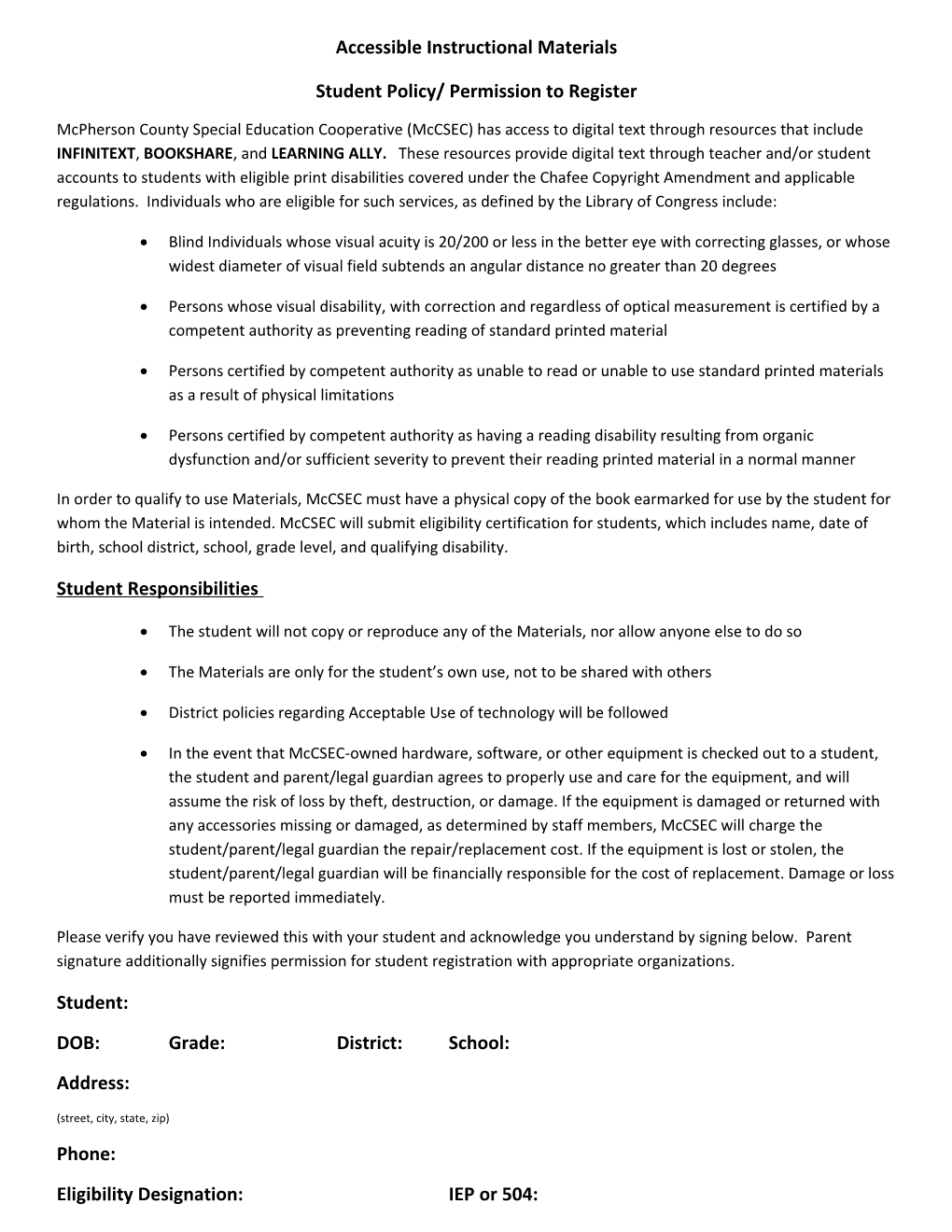 Student Policy/ Permission to Register