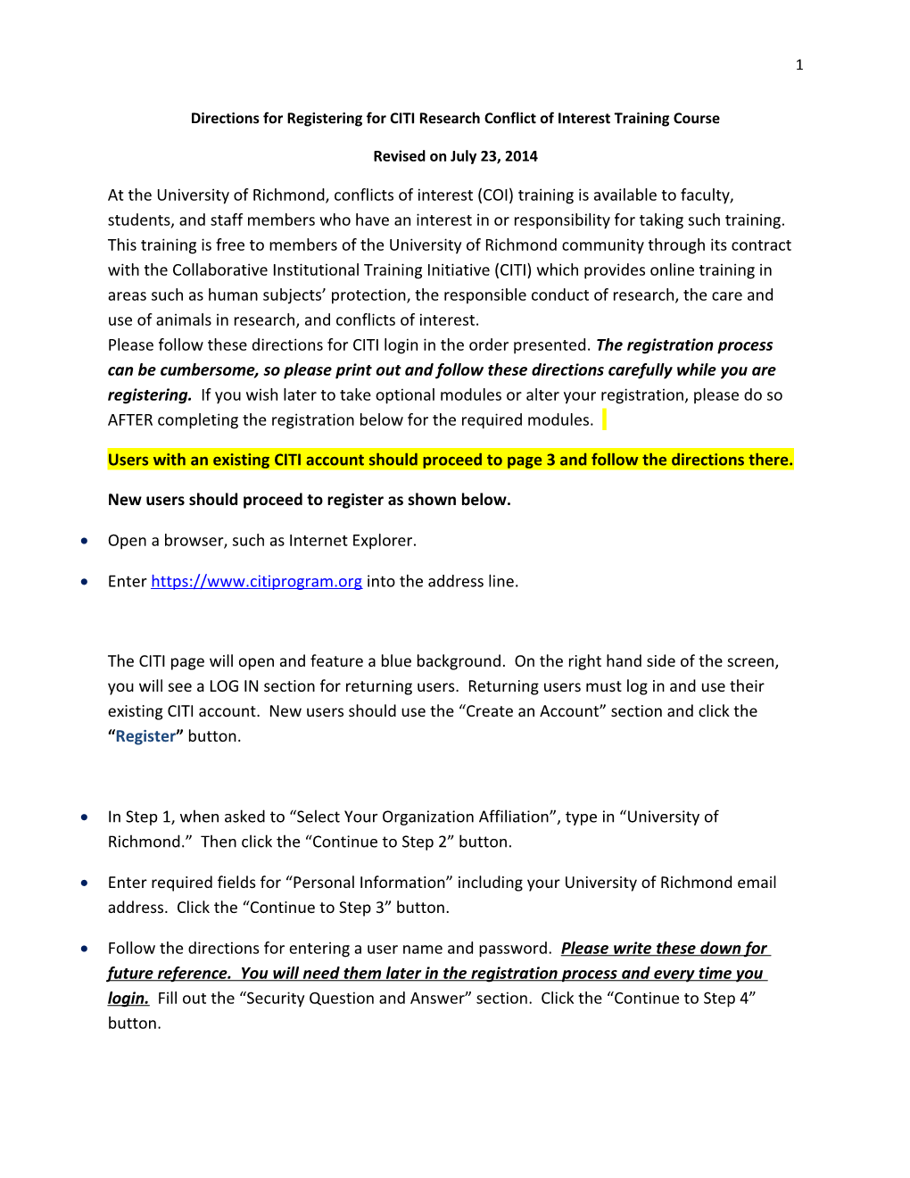 Directions for Registering for Citiresearch Conflict of Interest Training Course